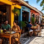 Rua em Aracaju com vários restaurantes baratos, pessoas sentadas em mesas ao ar livre apreciando refeições tradicionais.