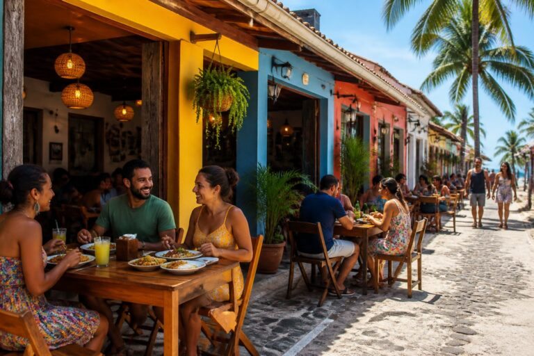 Rua em Aracaju com vários restaurantes baratos, pessoas sentadas em mesas ao ar livre apreciando refeições tradicionais.