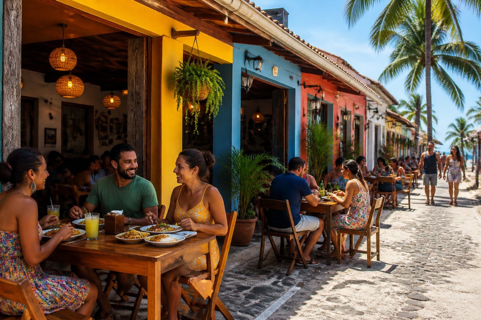 Rua em Aracaju com vários restaurantes baratos, pessoas sentadas em mesas ao ar livre apreciando refeições tradicionais.