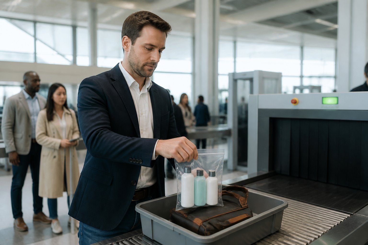Passageiro colocando shampoo e condicionador em saco plástico no aeroporto para inspeção de segurança.