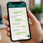 Uma mão segurando um smartphone com a tela mostrando uma conversa no aplicativo WhatsApp.