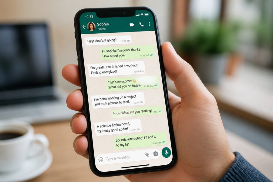 Uma mão segurando um smartphone com a tela mostrando uma conversa no aplicativo WhatsApp.