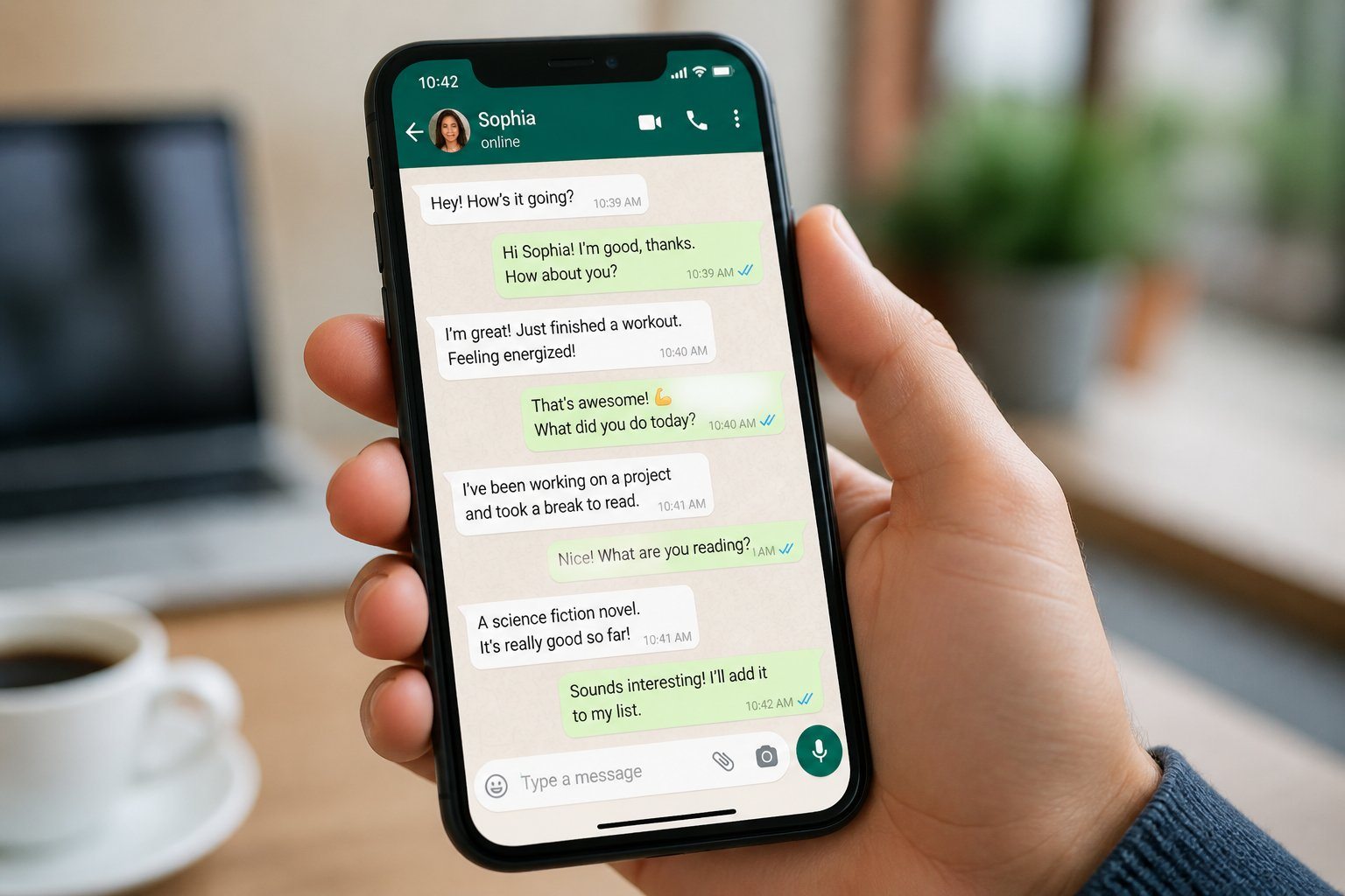Uma mão segurando um smartphone com a tela mostrando uma conversa no aplicativo WhatsApp.