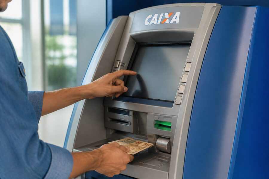 Pessoa realizando saque em caixa eletrônico da Caixa Econômica Federal.